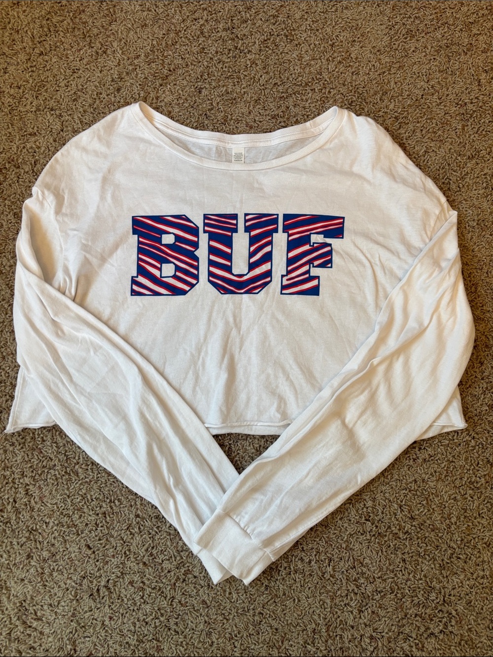 Worn Once Women's White Long Sleeve Cropped Tee with BUF Graphic